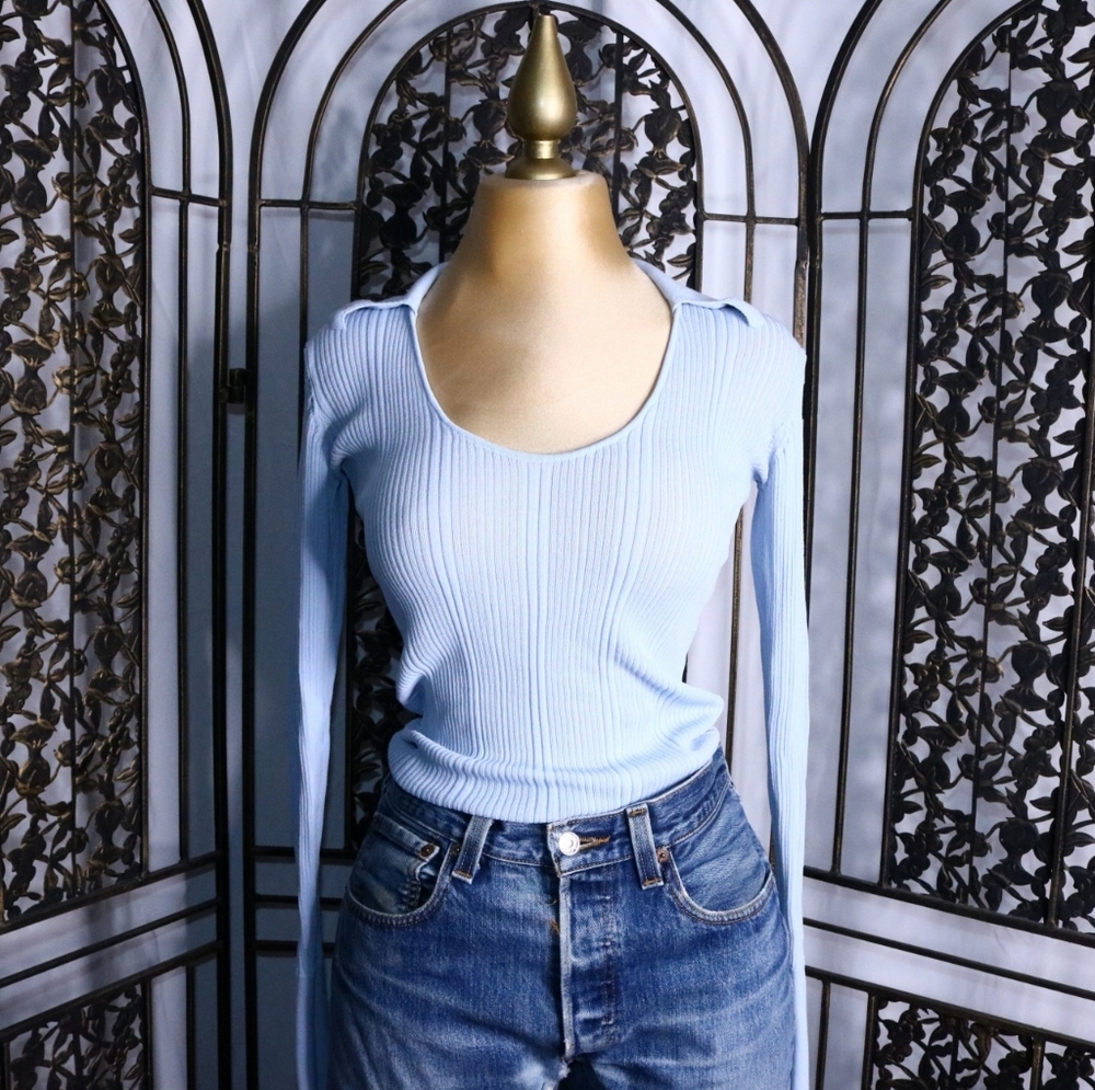Ronny Kobo Light Blue Ribbed Collared Long Sleeve Top, XS